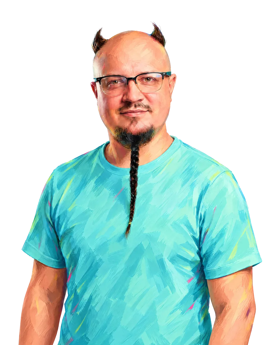Painted portrait of Serge Shima, co-founder and CTO of Majento