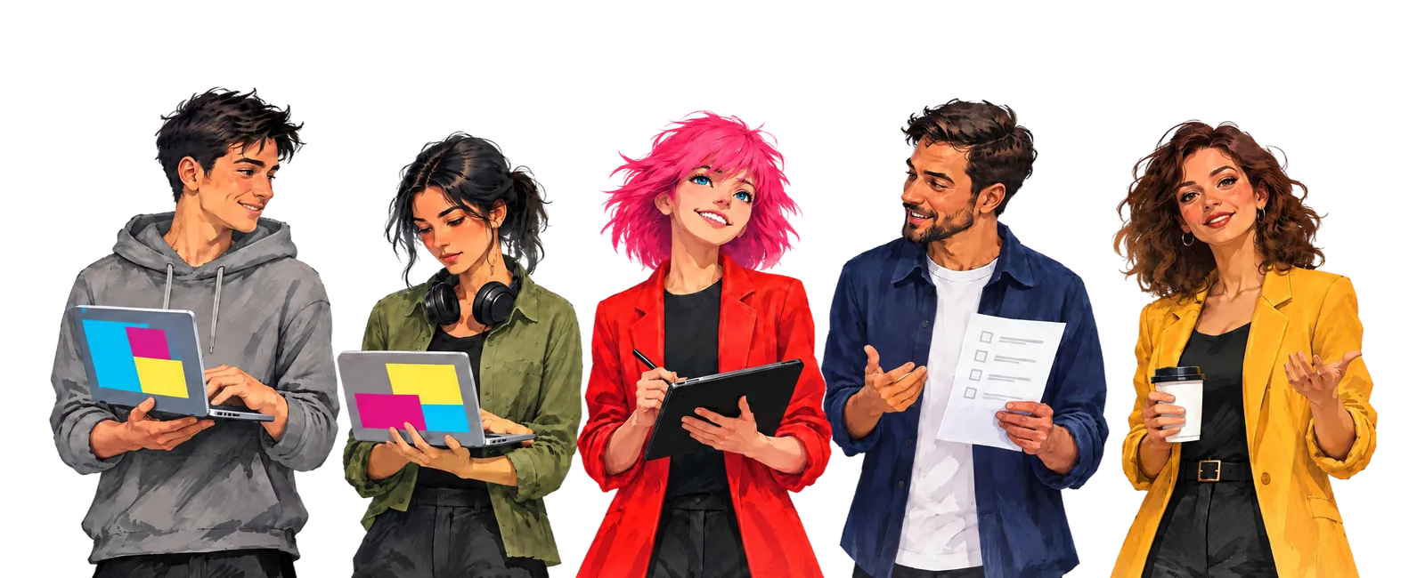 Painted illustration of the Majento team: two developers with laptops, a pink-haired designer drawing on a tablet, a project manager with a checklist and an account manager with a coffee