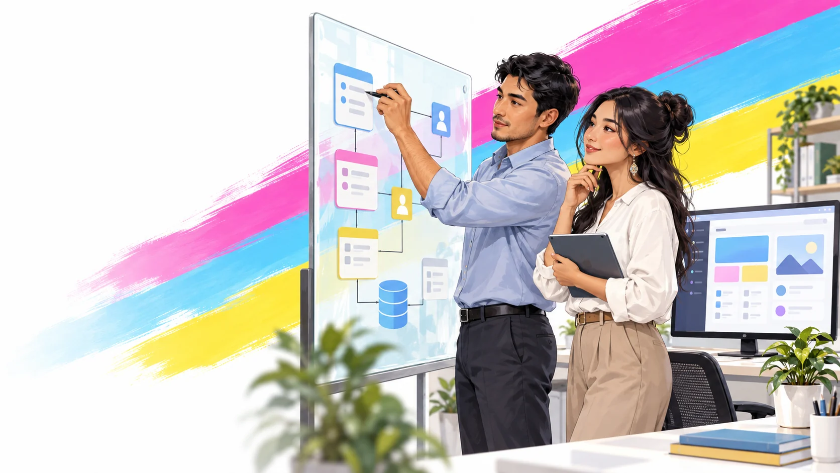 Illustrated team reviewing a software workflow board