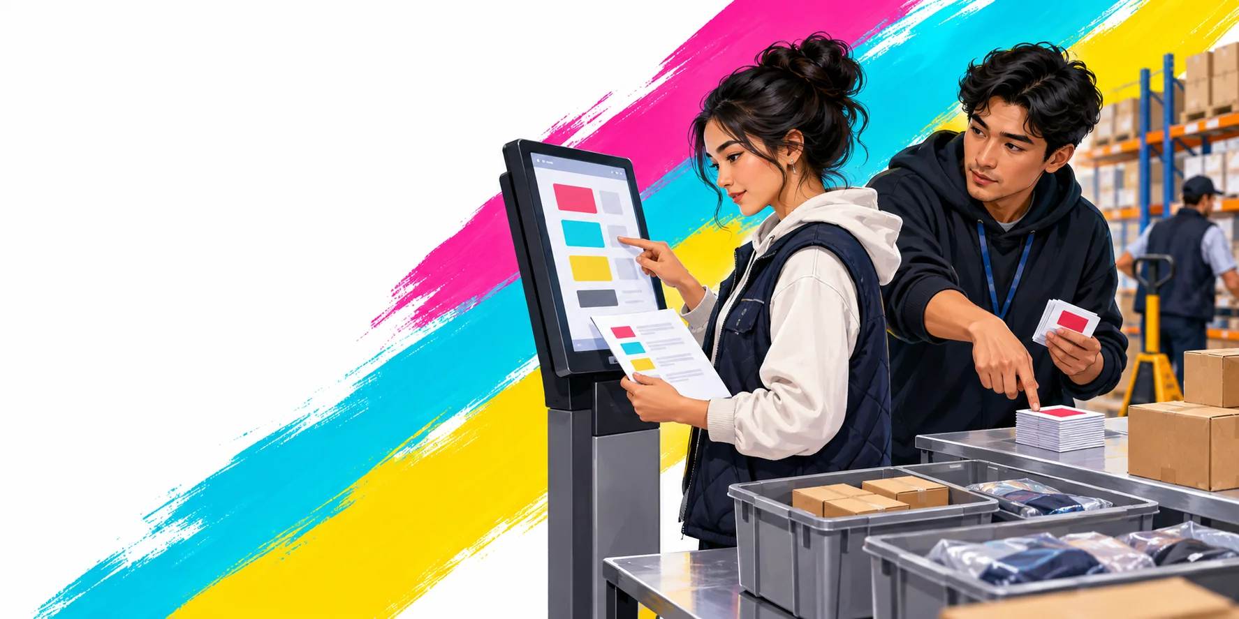 Illustrated team checking an order workflow in a working system