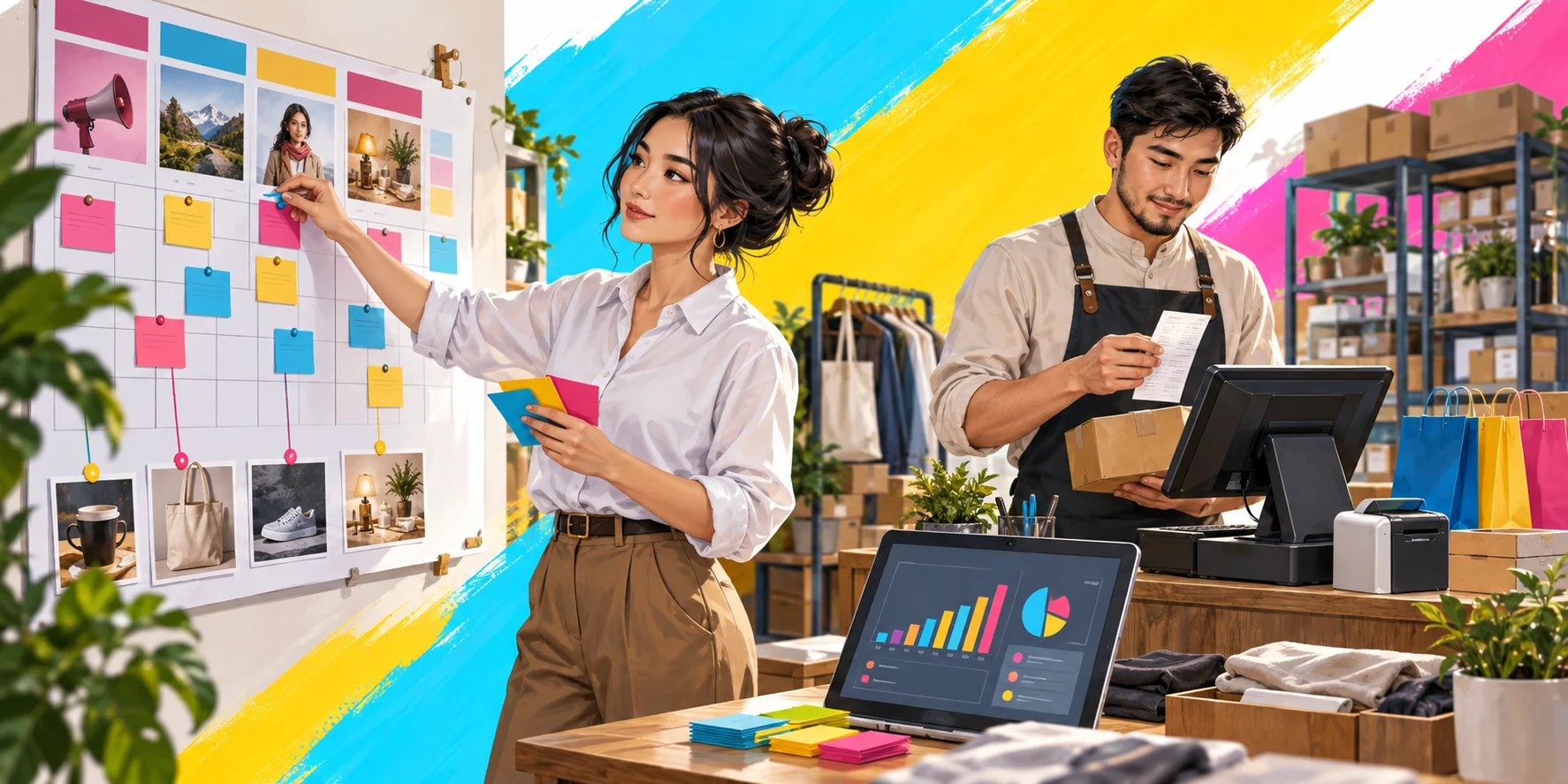 Illustrated marketing team connecting a campaign and store orders