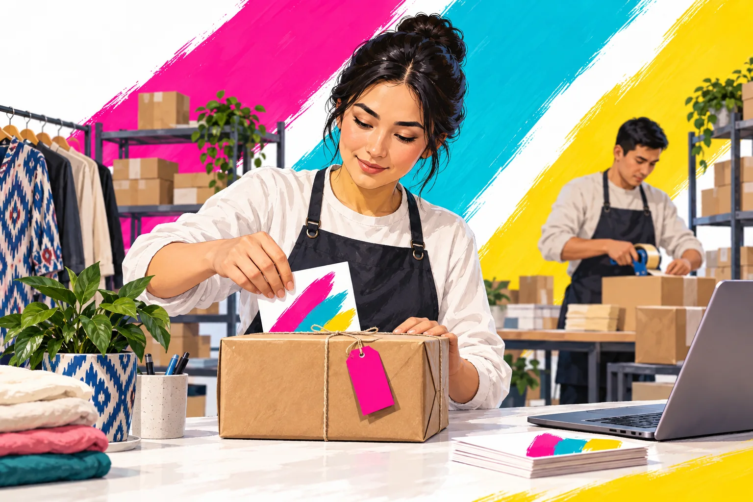 Illustrated shop team connecting order packing with system data