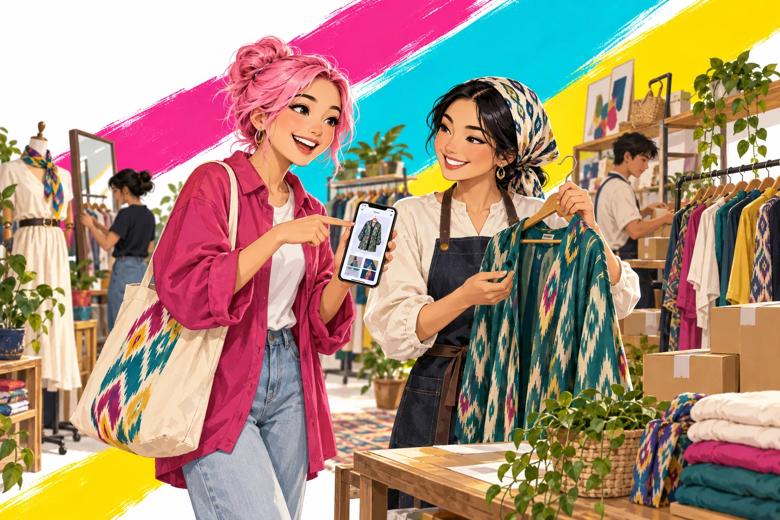 Illustrated store owner and team discussing data and the Sotish product