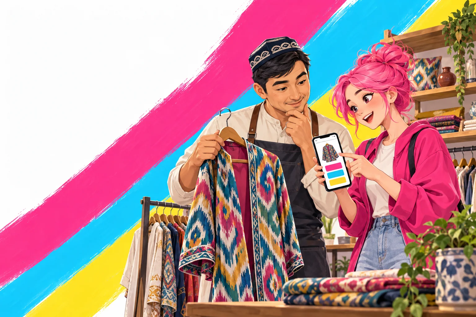 Illustrated store owner and colleague checking a product and suggestion on a phone