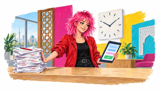 A pink-haired young woman pushes aside a stack of hand-corrected paper forms and holds a tablet with the form already filled in