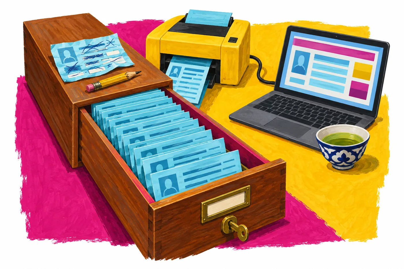 A printer connected to a laptop with a web form prints neat customer cards for the file drawer, while a hand-filled card with crossed-out lines lies on top