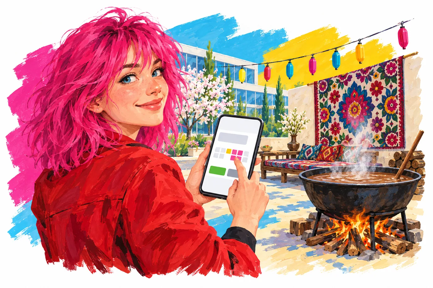 In an office courtyard, sumalak cooks in a cauldron for Navruz while a pink-haired young woman picks vacation dates on a phone