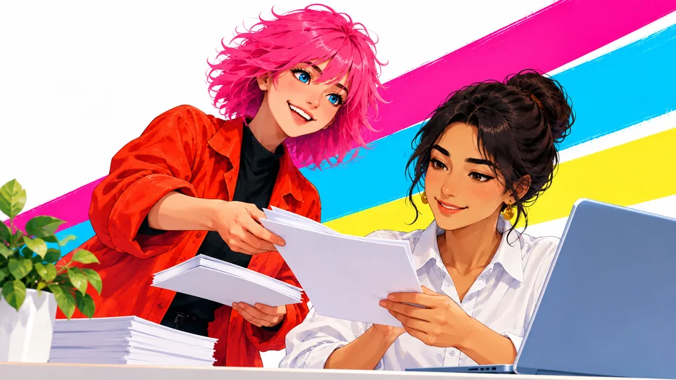 Illustrated colleagues checking task plan sheets next to a laptop