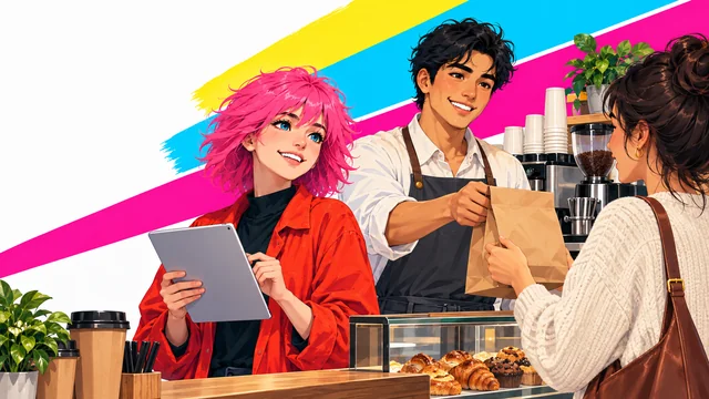 Young woman with pink hair holding a tablet at a café counter, barista handing a bag to a customer