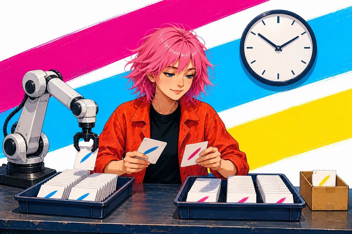 Wall clock over a desk; a mechanical arm sorts cards into one tray, a second tray filled by hand; a woman matches card pairs and sets a discrepancy aside in a box