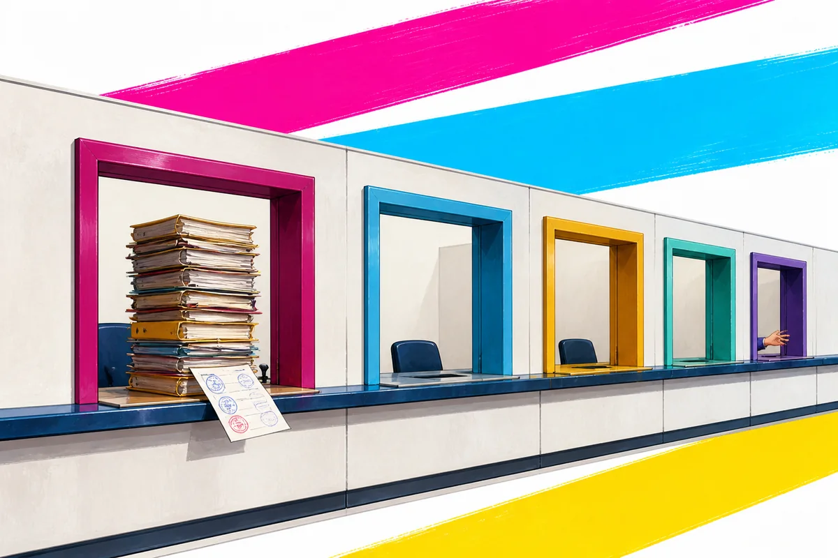 Counter with department windows; a stamped document waits at the first window, the stamp hidden under a stack of folders; the next windows are empty