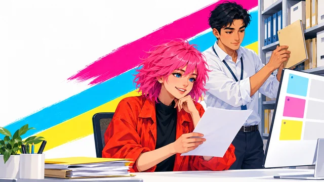 Illustrated woman and colleague cross-checking a document against a screen in an office archive