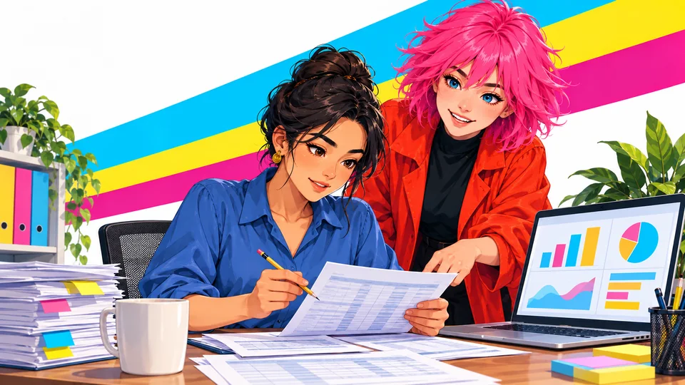 illustrated colleagues comparing a printed report with charts on a laptop