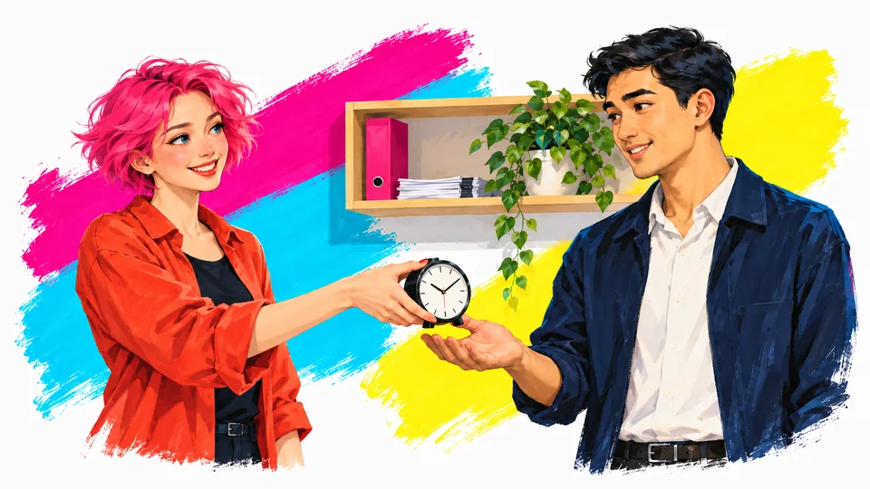 Pink-haired woman hands a desk clock to a colleague