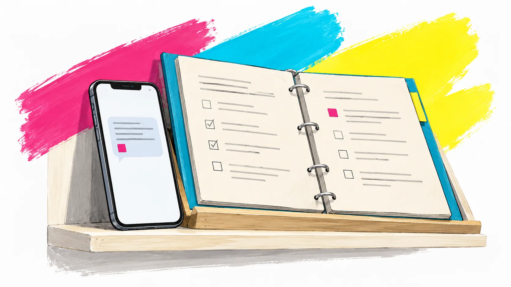 Phone displaying a message beside an open instruction binder