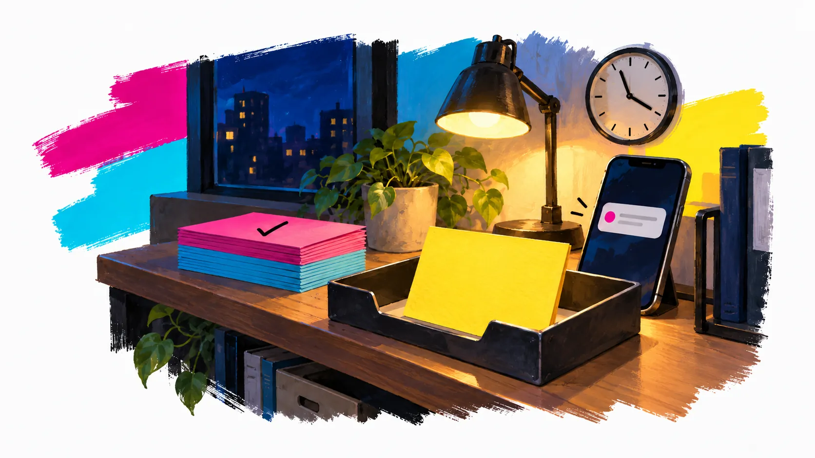 Yellow card in a separate tray beside a phone notification at night