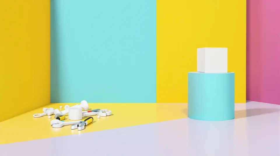 A white cube on a cyan pedestal, white hand tools scattered on the floor around it