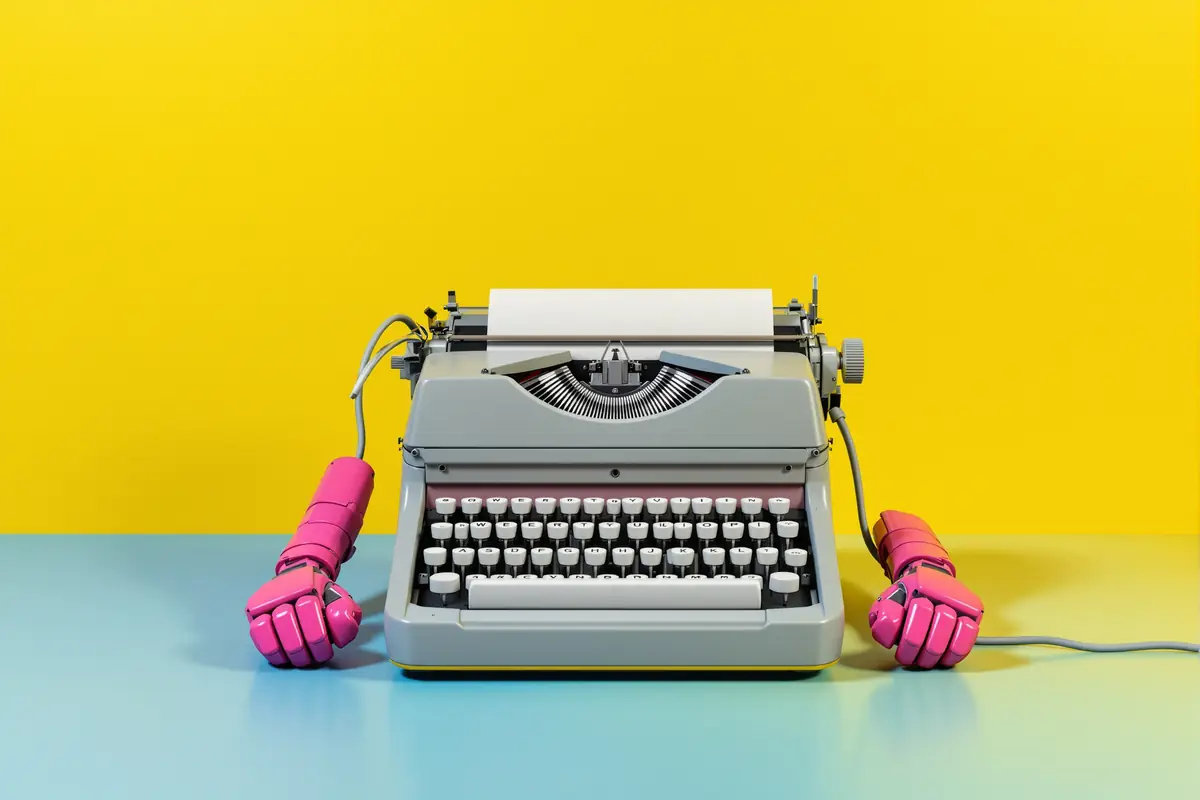 An old grey typewriter with magenta robotic arms crudely bolted onto both sides, cables hanging loose