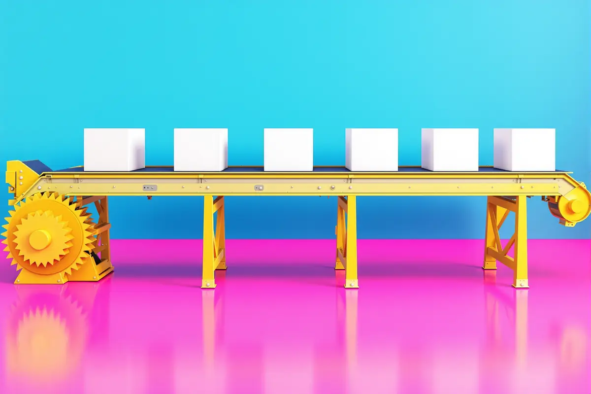 A yellow conveyor belt carrying identical white cubes, magenta floor, cyan wall