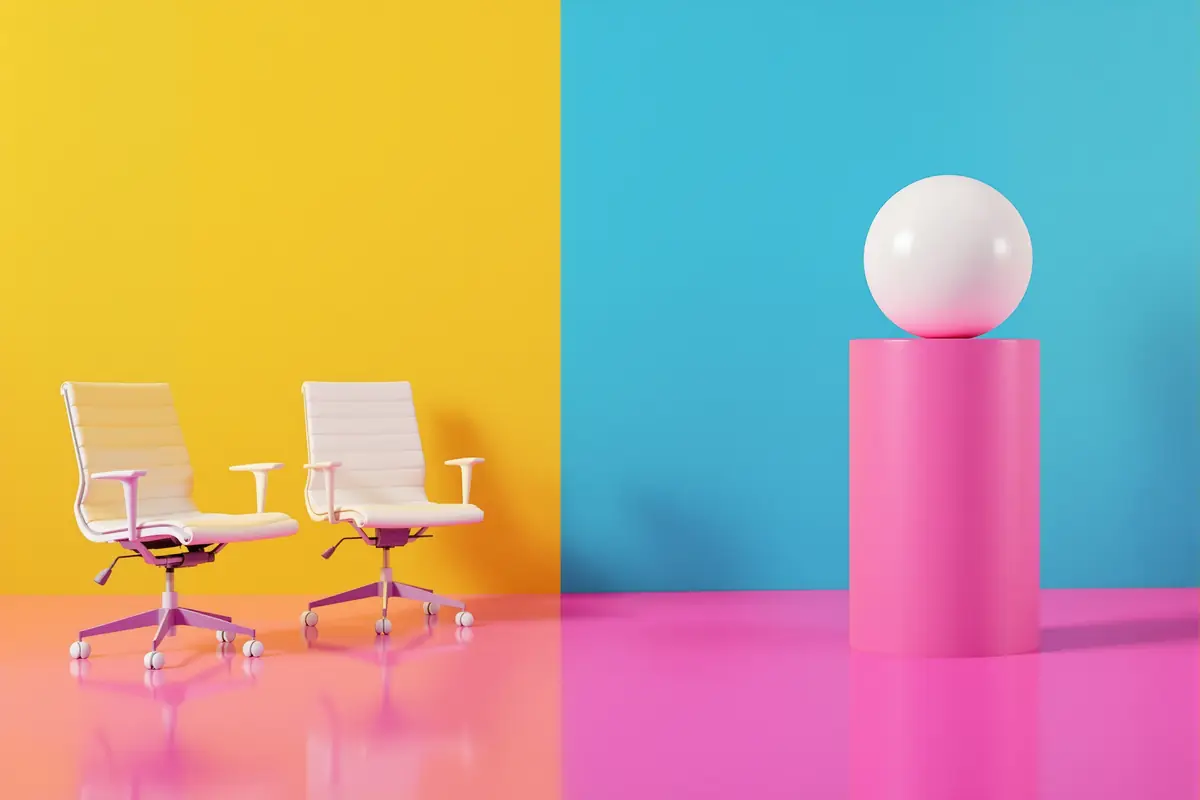 Two empty white office chairs on the left, a single white sphere on a magenta pedestal on the right