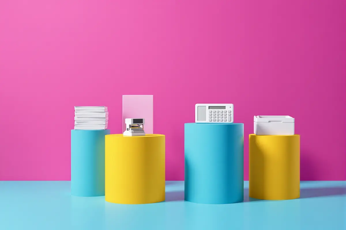 Four pedestals of different heights, each holding a white office object: a stack of documents, a rubber stamp, a calculator, a paper tray