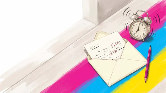 Corrected letter in an envelope and a clock on a counter