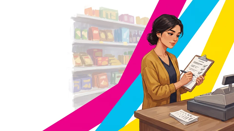A young woman in a mustard cardigan stands at the till of a shop, ticking a list on a clipboard with a pen; three items are already ticked. A stack of sheets lies beside the cash register, with blurred shelves of goods behind.