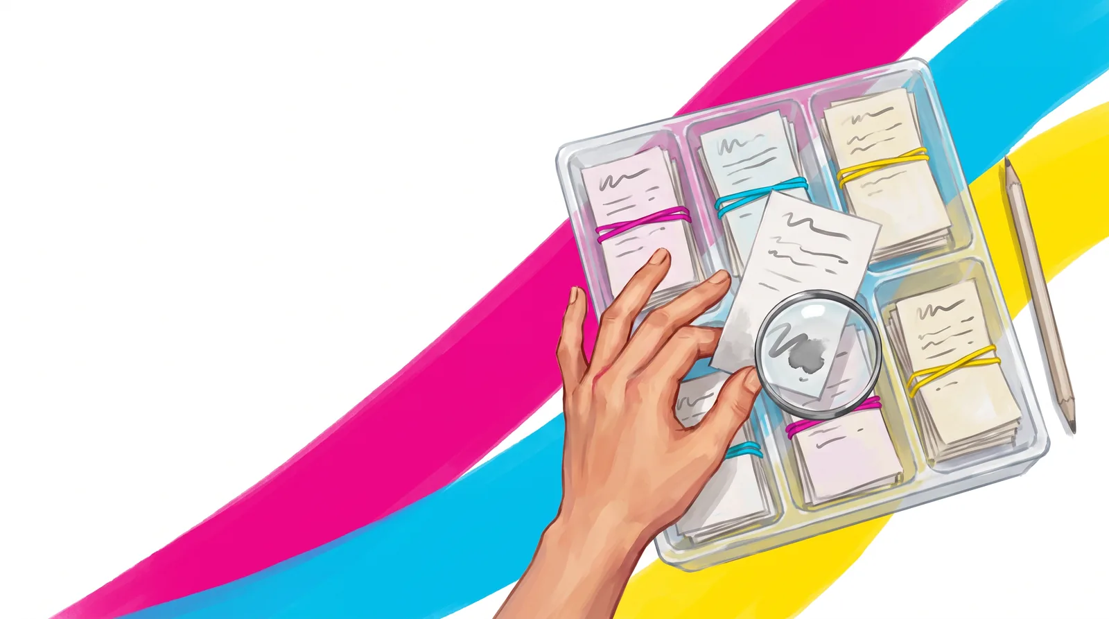 Overhead view of a clear compartment tray, each cell holding a bundle of paper receipts bound with a magenta, cyan or yellow rubber band. A hand lifts one receipt and holds a magnifier over an ink smudge on it. A pencil lies to the right.