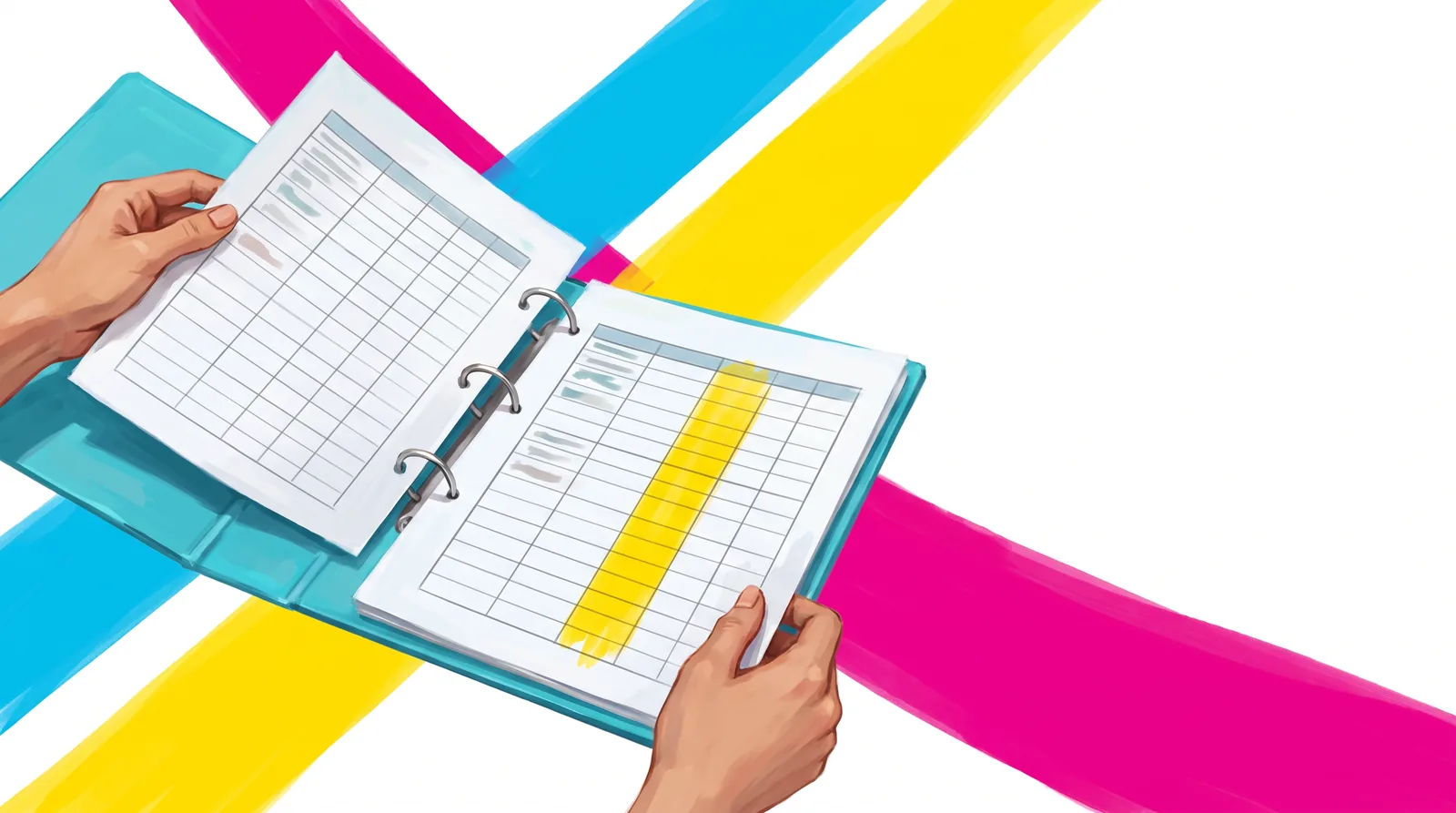 A cyan ring binder is open: the left sheet shows a table with grey marks, the right sheet has a yellow column.