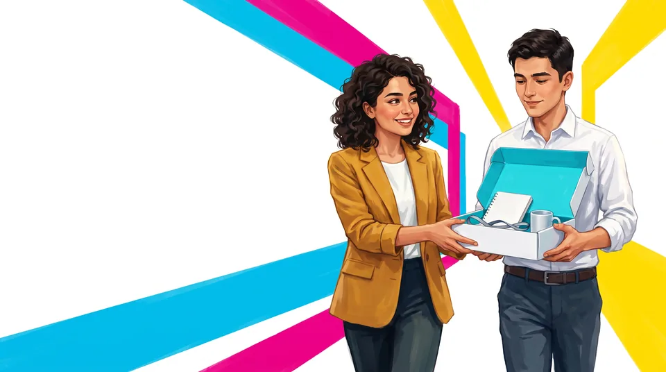 A woman with dark curly hair in a mustard blazer hands a young man in a white shirt an open white box with a cyan lid as they walk. Inside are a notebook, a lanyard and a mug.