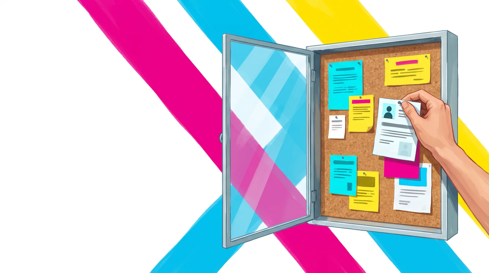 A wall notice case with its glass door open. A hand pins a new sheet with a person icon and lines among cyan, yellow and magenta notices.