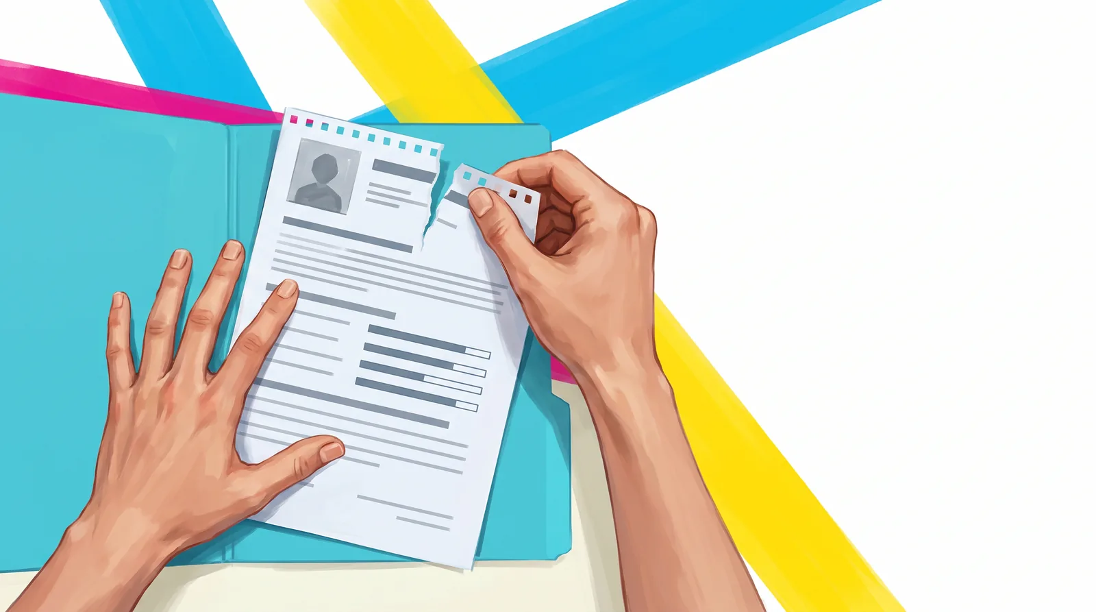 A profile sheet with a portrait on its left part sits in a cyan folder. The right part is being torn along a vertical line while the portrait remains on the main sheet.