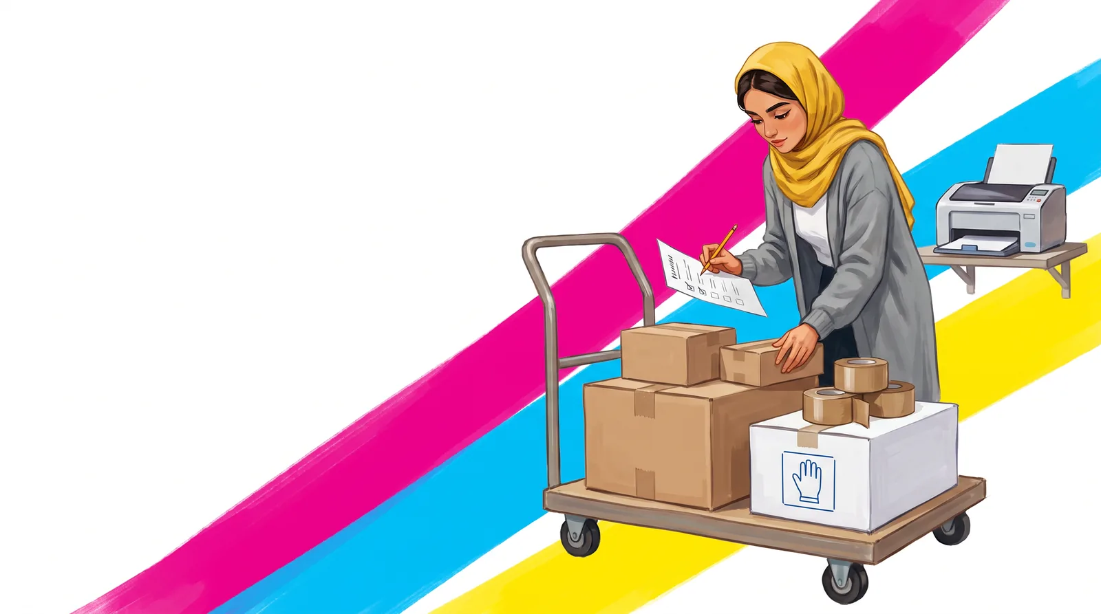 A woman in a yellow headscarf and grey cardigan ticks items on a printed list, leaning over a platform trolley with cardboard boxes, packing tape and a white box with a glove picture. A printer stands on a shelf behind her.