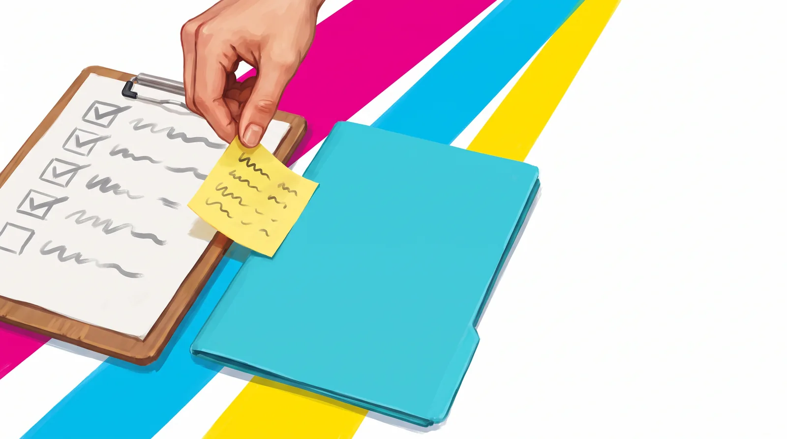 Close-up: a clipboard with a sheet where four of five boxes are ticked, next to a closed cyan folder. A hand peels a yellow sticky note with squiggles off the sheet and moves it toward the folder.