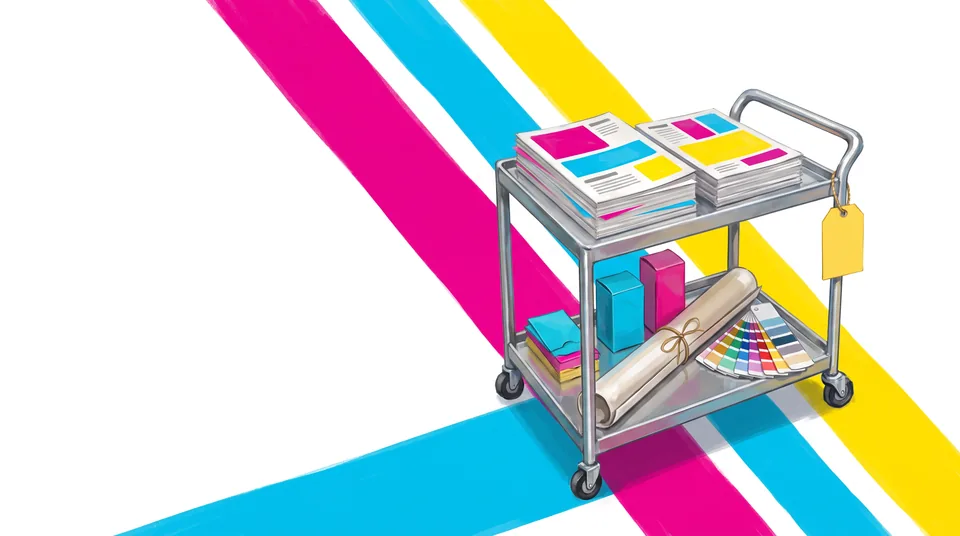 A steel rolling cart holding finished marketing materials: stacks of brochures with colour blocks, a rolled poster tied with string, cyan and magenta packaging boxes and a colour swatch fan; a blank yellow tag hangs from the handle. Broad magenta, cyan and yellow bands cross the white background.