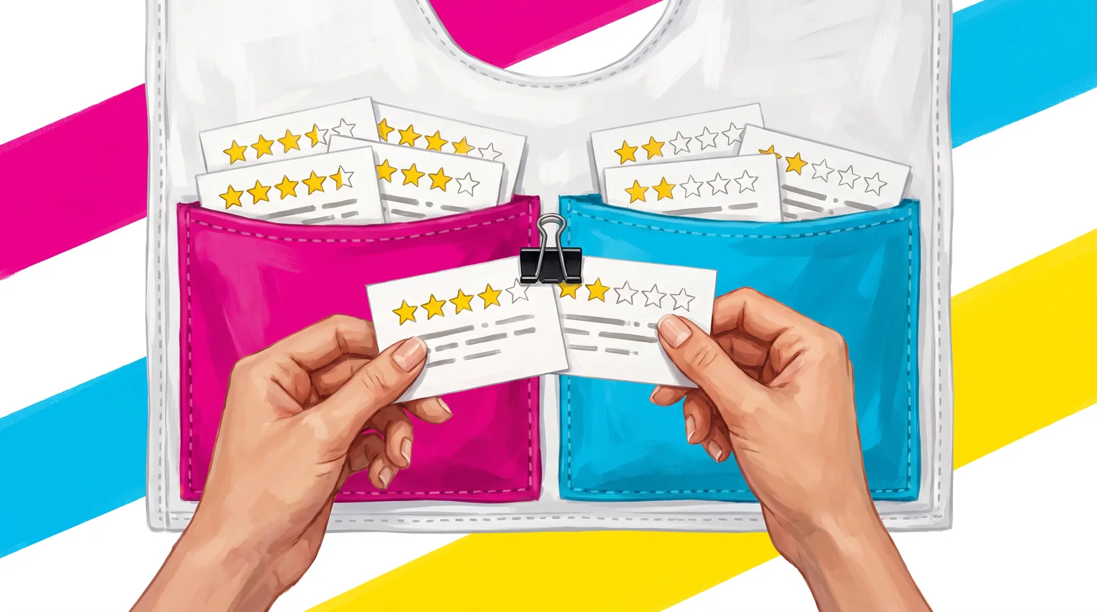 A wall organizer with two pockets, magenta and cyan. The magenta pocket holds review cards with four or five stars, the cyan one cards with one or two stars. Two hands take a card from each pocket and join them with a black binder clip.