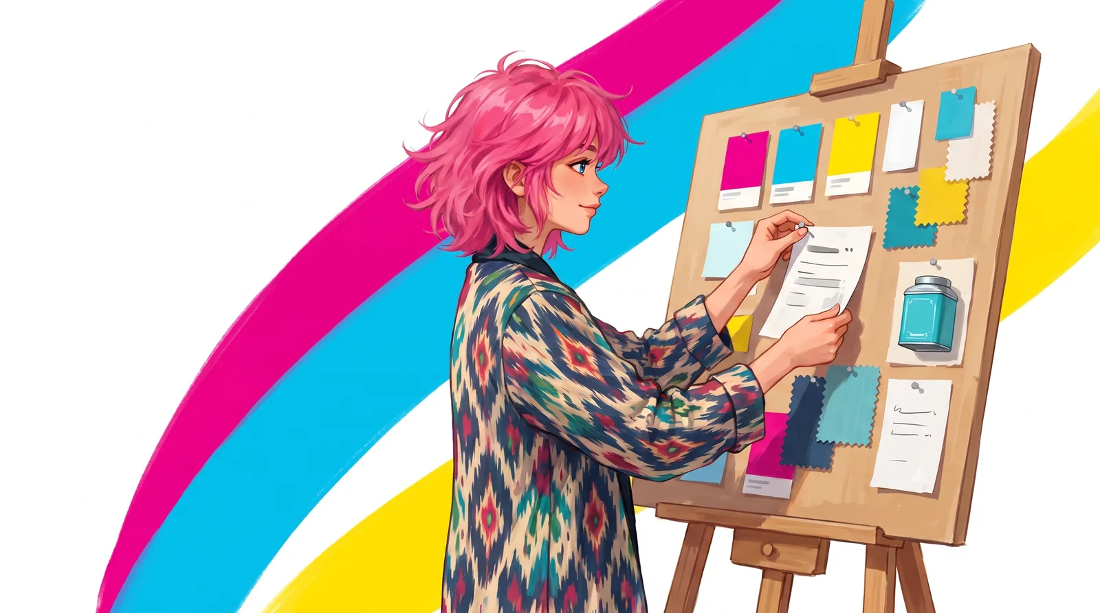 A young woman with bright pink hair in an ikat-pattern jacket stands at an easel board of colour chips, fabric swatches and a cyan tin sample. She unpins a brief sheet with unreadable lines from the board.
