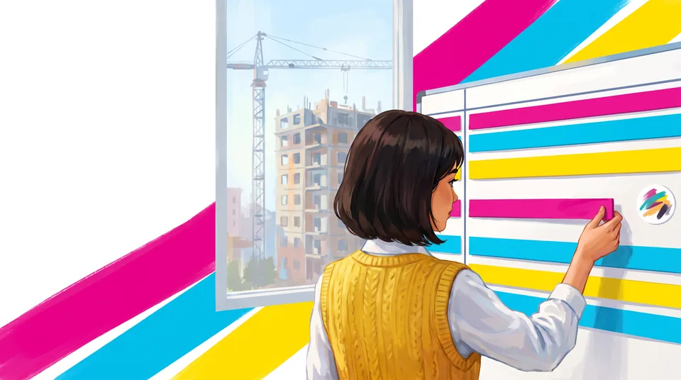 A young woman with a dark bob in a yellow knit vest stands with her back to the viewer at a magnetic wall board of coloured strips, moving a magenta strip. Through the window behind her a residential building and a tower crane are under construction.
