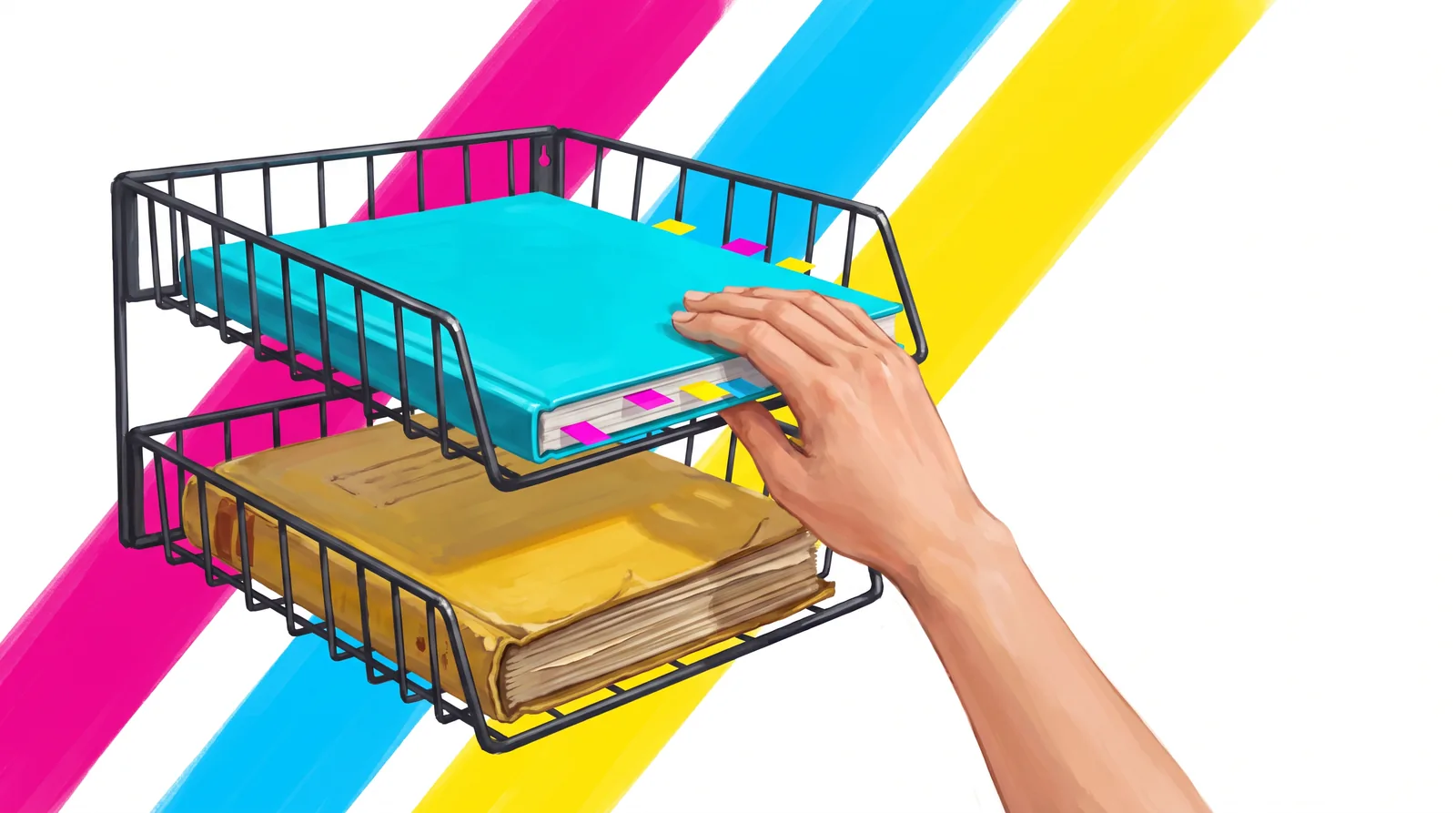 A two-tier wire wall tray. The lower tier holds a worn document with a yellow cover; a hand slides a new document with a cyan cover and coloured page flags into the upper tier.