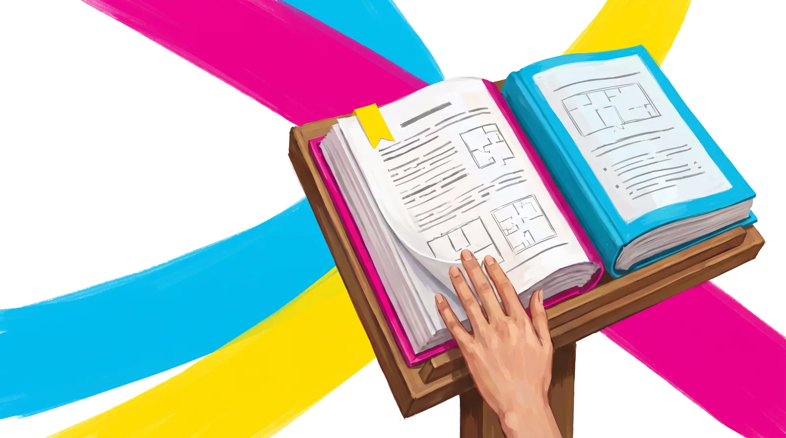 A wooden lectern holds an open magenta volume with a yellow bookmark and a closed cyan volume with a plan on its cover. A hand turns the magenta volume's page.
