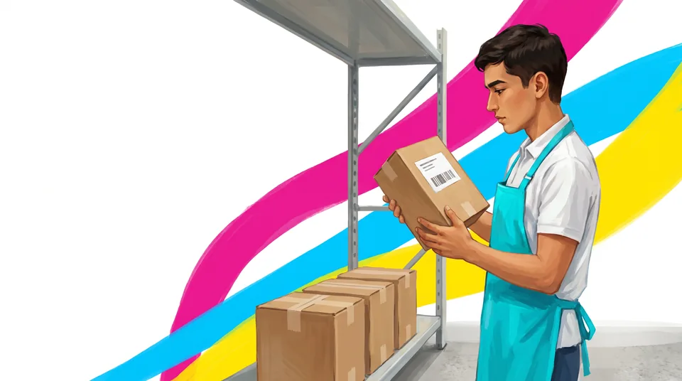 A young shop assistant in a cyan apron stands in a store stockroom holding a cardboard box and looking at its barcode label. Three more boxes sit on the bottom shelf of a metal rack beside him, with magenta, cyan and yellow bands behind.