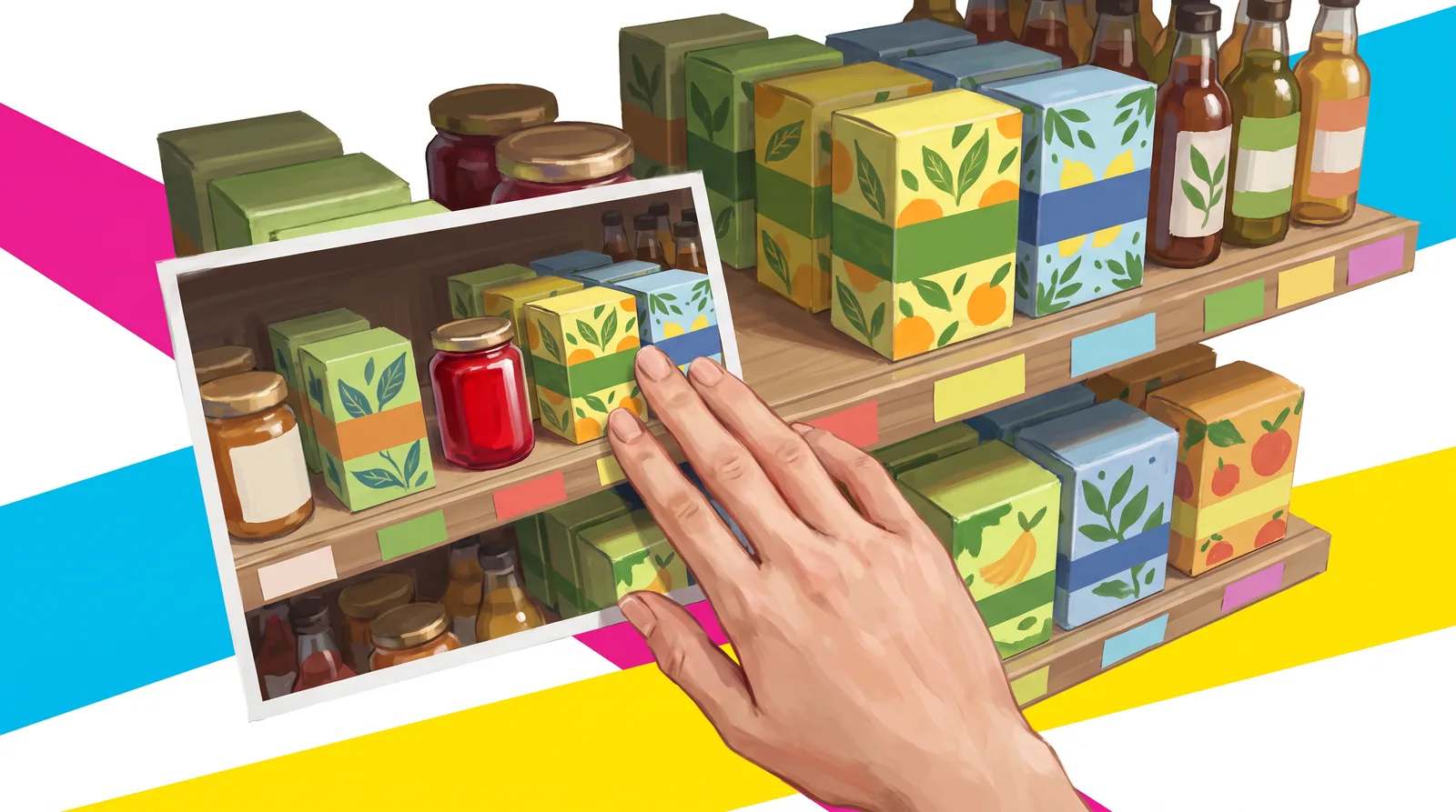 A hand holds a photo of the earlier shelf layout in front of a store shelf. The photo and the shelf show the same jam jars, leaf-patterned tea boxes and bottles, but in a different order. Price strips are plain coloured tabs.
