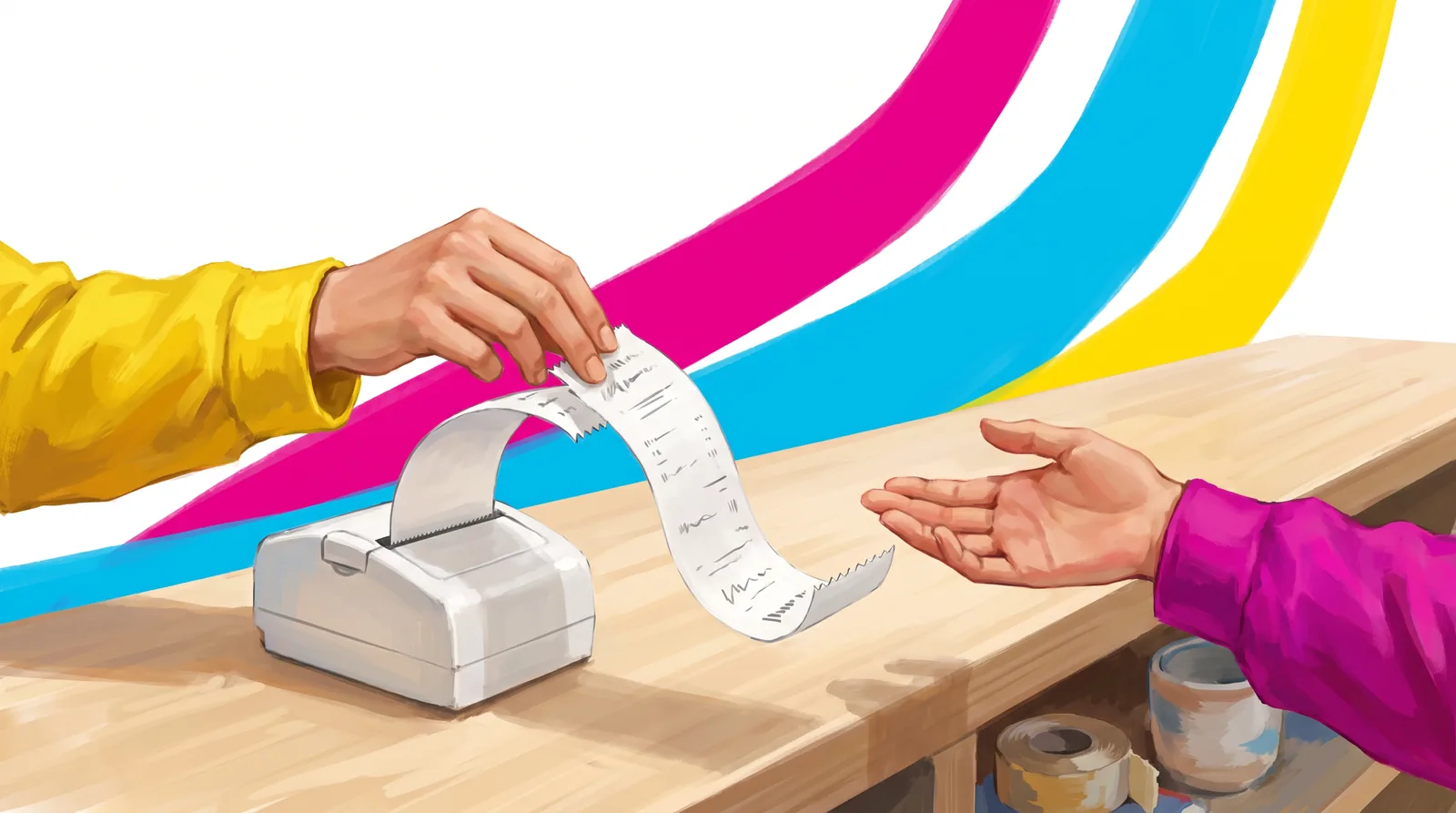 Over a wooden shop counter, a hand in a yellow sleeve tears a long strip from a small white receipt printer while a hand in a magenta sleeve waits on the other side with an open palm. The strip carries only unreadable marks.