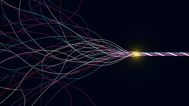 Abstract composition of glowing lines converging into a single node on a dark background
