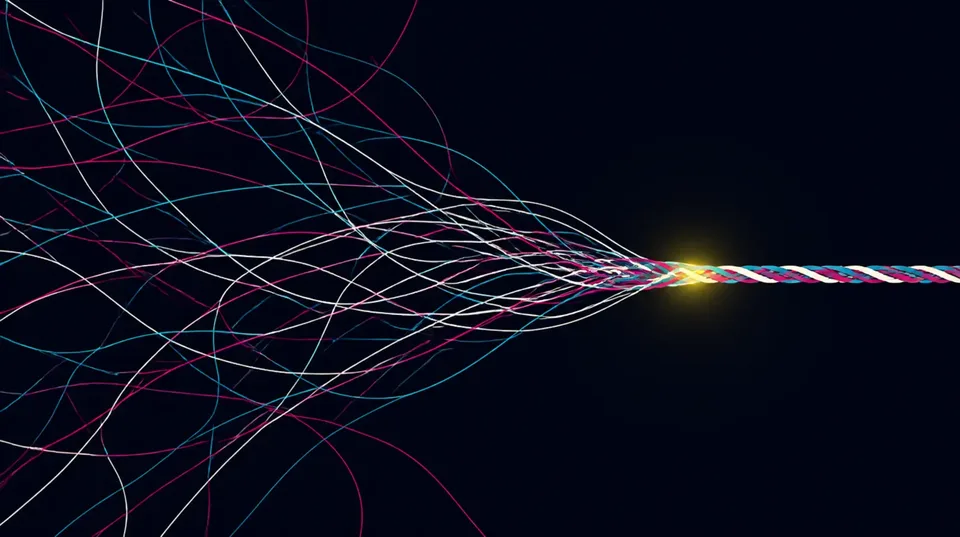 Abstract composition of glowing lines converging into a single node on a dark background