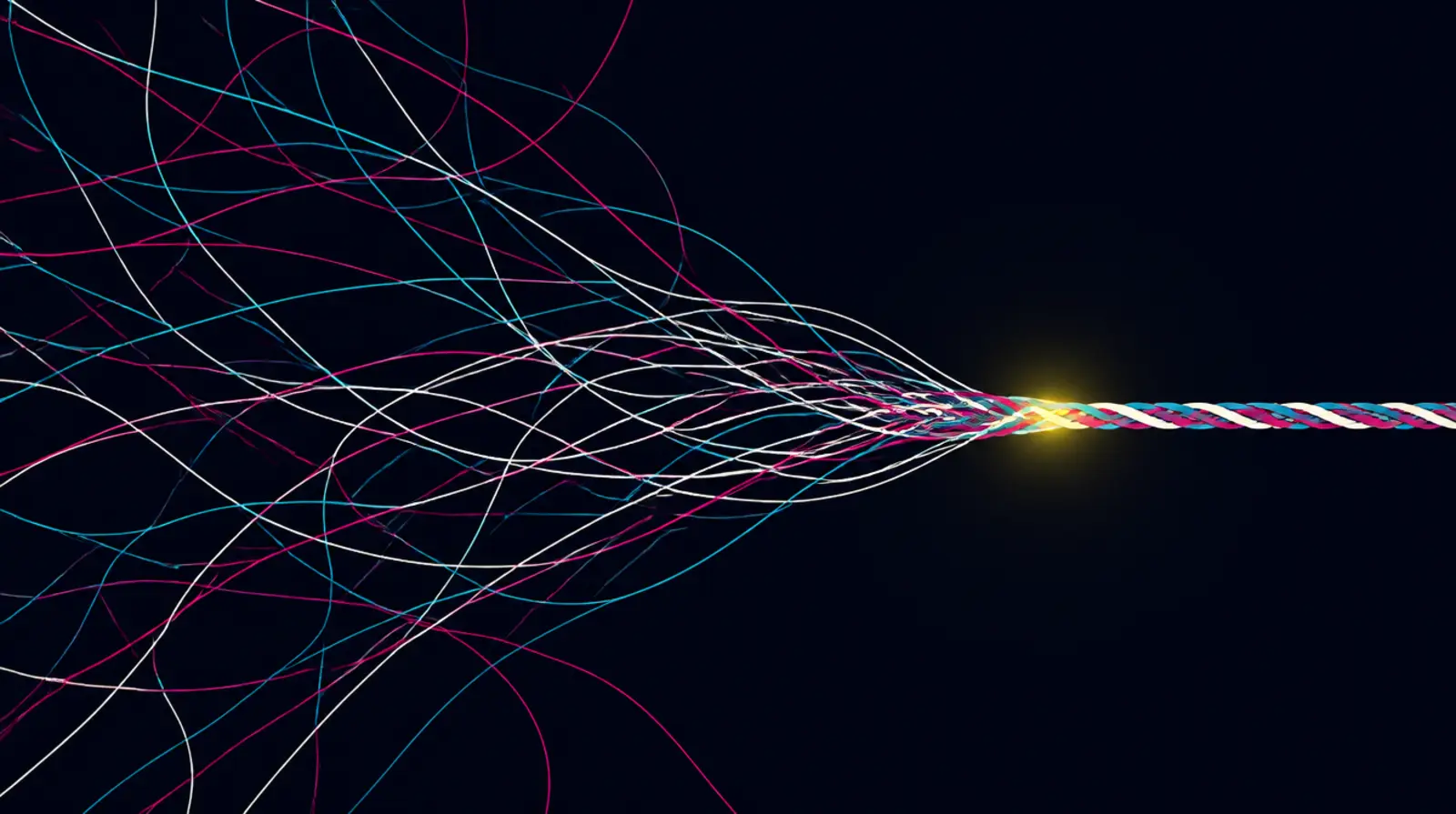 Abstract composition of glowing lines converging into a single node on a dark background