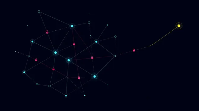 Abstract composition of glowing connections and padlocks on a dark background