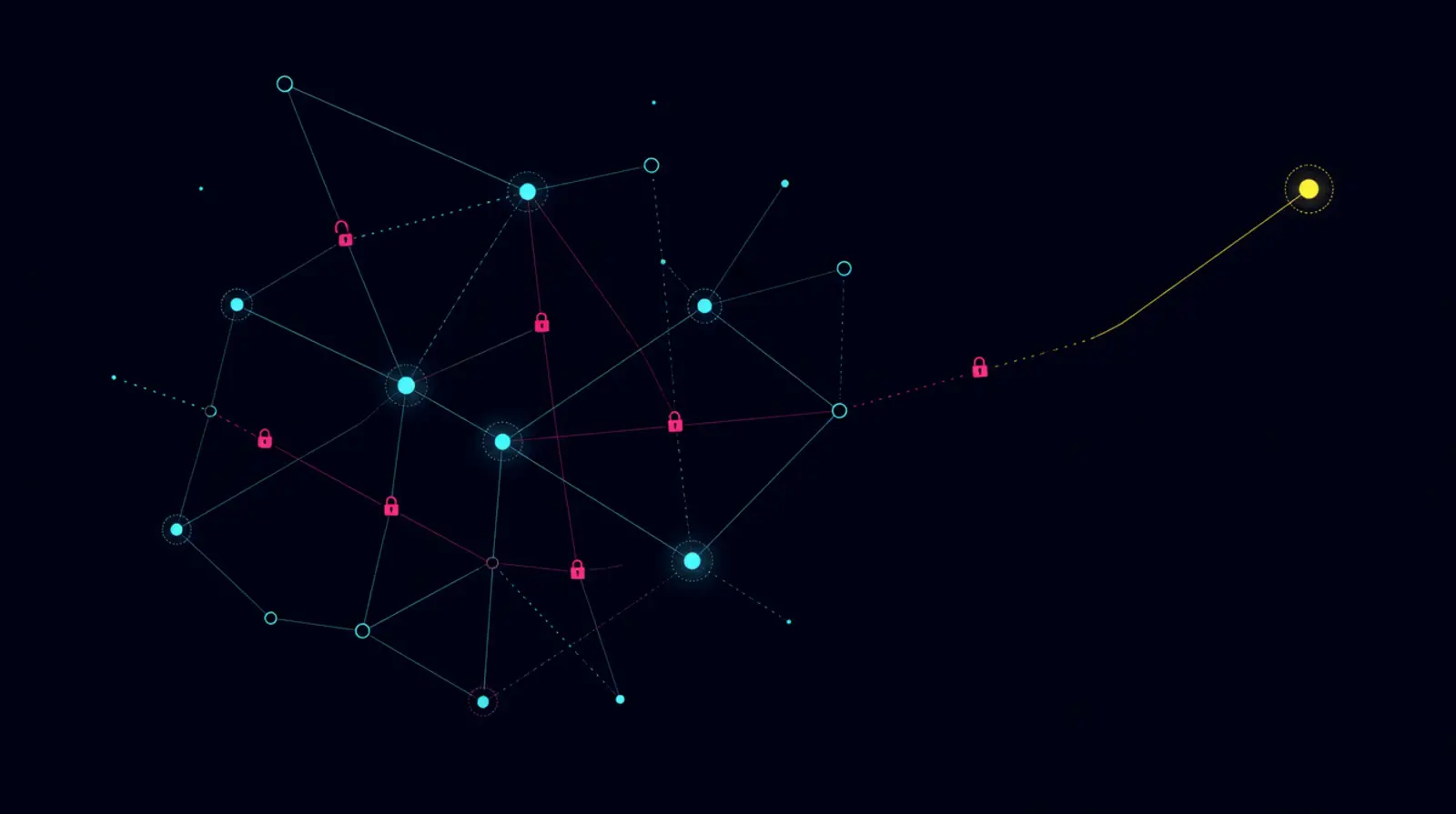 Abstract composition of glowing connections and padlocks on a dark background