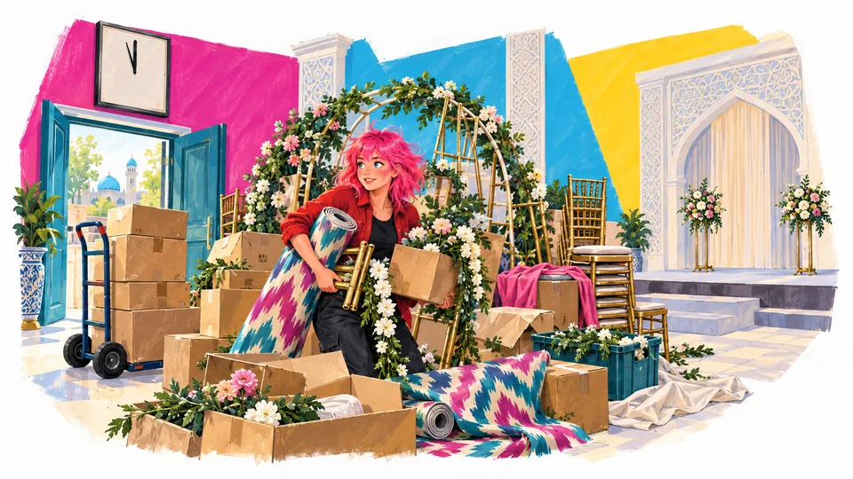 Setting up a hall for a party: new boxes keep arriving at the door, a pink-haired young woman carries a rug, a chair and flowers at once, and only two flower stands are ready by the stage