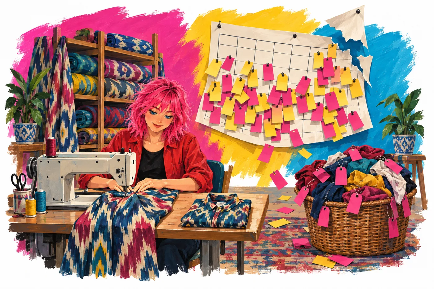 In a sewing workshop, the wall schedule tears loose under new tags beside a basket of returns, while a pink-haired young woman finishes one garment